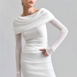 White ruched draped long sleeve stretchy top (off shoulder)